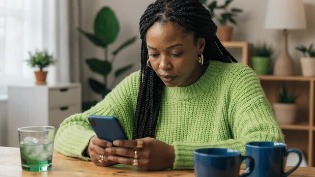 Remote health plan coordinator focused on a smartphone displaying claim summaries the blurred home office setting enhances the virtual teamwork aspect of selffunded plan