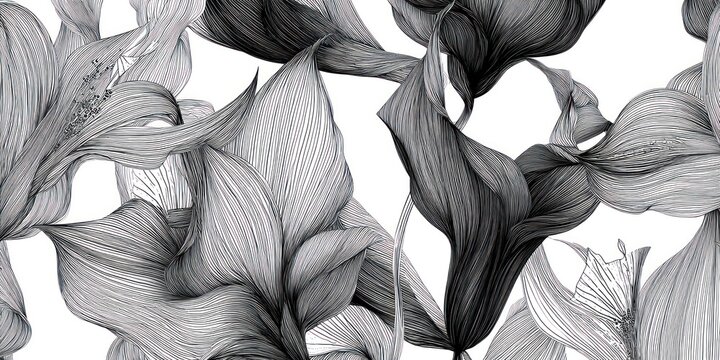 Abstract illustration of stylized leaves with linear patterns and a flowing organic design
