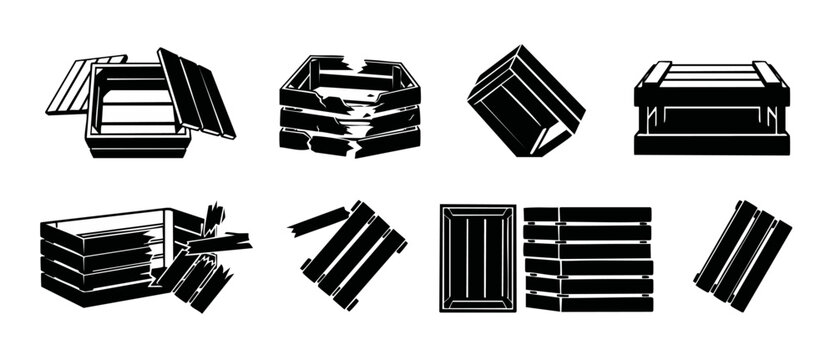Wooden crate broken box vector icon set showing damaged cargo storage containers in black stencil style isolated on white background for logistics shipping delivery destruction concept and design logo