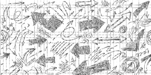 Fototapeta premium Arrow Doodle Collage: A dynamic collection of hand-drawn arrows in various styles and directions, sketched on a gridded background, creating a visually engaging and energetic graphic resource.
