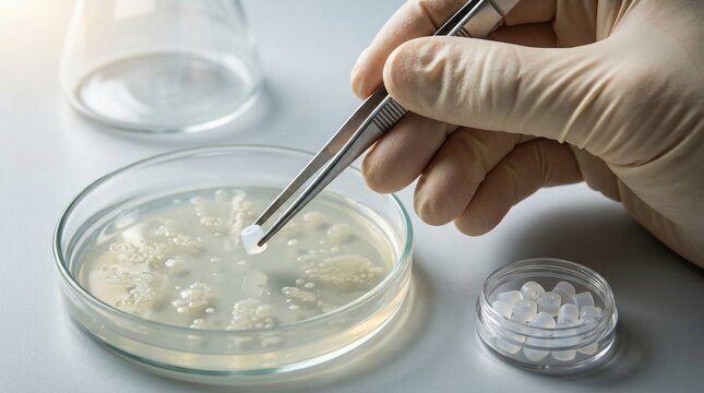 Gloved scientist testing plastic pellets with bacteria culture in lab