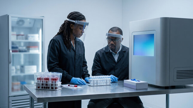 African virology team reviewing Ebola blood samples in biosafety lab