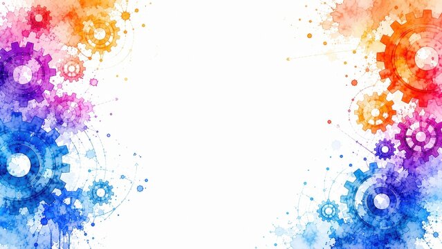 Gears engineering mechanics industrial watercolor concept. Abstract digital illustration of colorful interconnected gears on white background