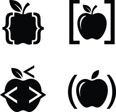 A selection of innovative apple logos combined with various programming syntax brackets for up-to-date tech branding structure.