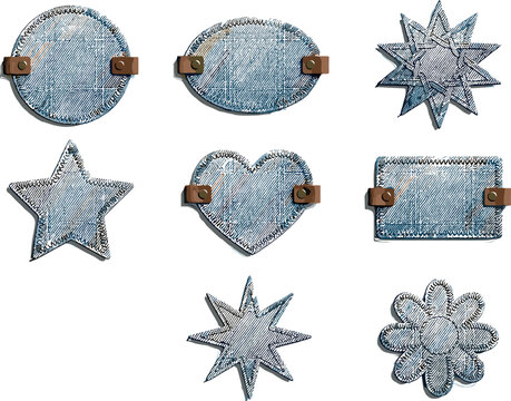 Blue Denim Jean Patch Label Set with Stitched Leather Tabs and Various Shapes Including Heart Star Circle and Rectangle Graphic Designs