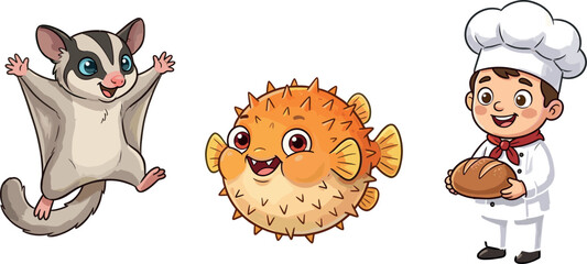 Cute Cartoon Character Collection Featuring Flying Sugar Glider Spiky Orange Puffer Fish and Happy Boy Baker Holding Bread for Children Book Designs © Alexy!