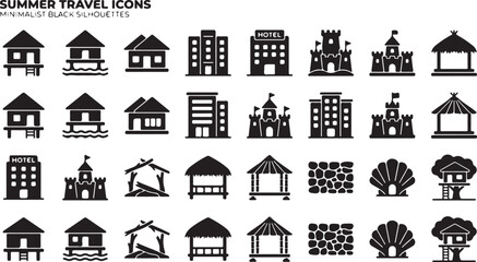 Naklejka premium Black silhouette of summer travel and vacation destinations including beach houses hotels and landmarks