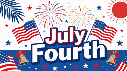 Obraz premium A vibrant and patriotic illustration celebrating July Fourth with American flags, fireworks, stars, and decorative elements.