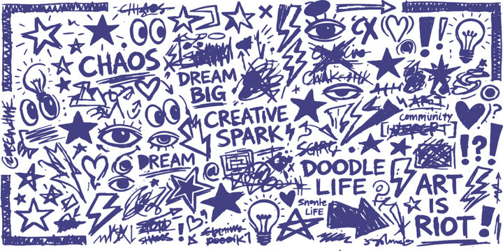Doodle Chaos: A vibrant collection of hand-drawn doodles, abstract shapes, and motivational phrases in blue ink, bursting with creative energy.