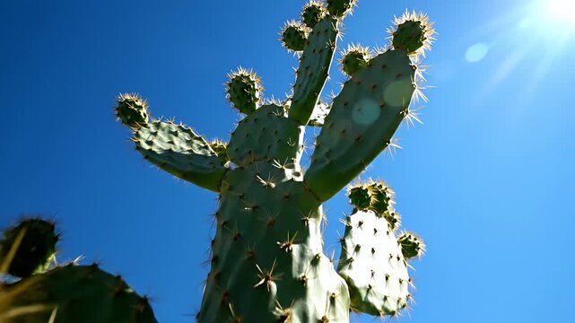 Green prickly pear cactus against clear blue sky.