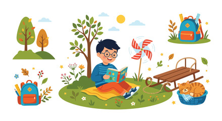 Fototapeta premium An illustration of a boy reading outdoors, surrounded by backpacks, autumn leaves, a pinwheel, and a sleeping cat, celebrating learning and nature.