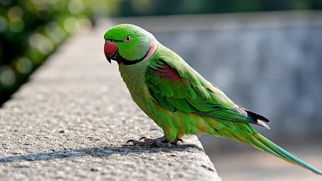 Green rose-ringed parakeet perched on a concrete wall.