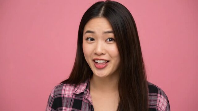 Curious Young Asian Woman Cupping Hand to Ear Eavesdropping on Pink Background
