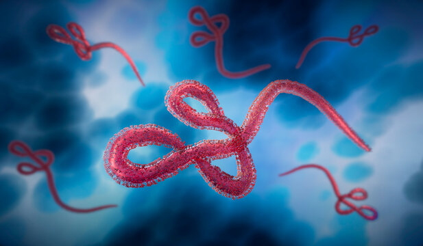 Medical 3d illustration of group of ebola virus, Microscopic 3D illustration of Ebola virus floating in a dark blue fluid environment