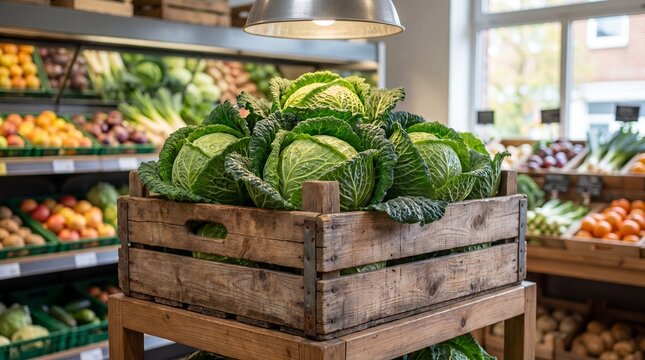 Fresh green cabbage heads displayed in a rustic wooden crate at a vibrant grocery store produce section