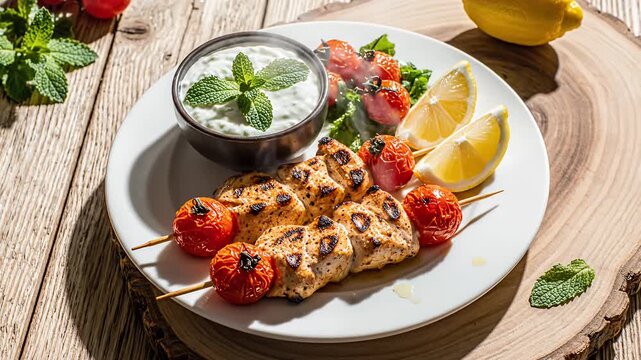 Grilled chicken skewers with tzatziki and lemon on rustic wood