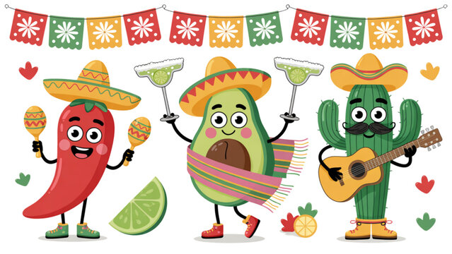 Colorful cartoon characters celebrating with musical instruments in a festive setting