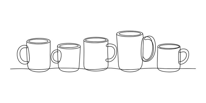 Five different sized mugs in a row, simple line art drawing