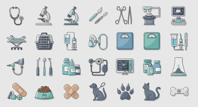 Veterinary Clinic Icons Set: Stethoscope, Microscope, Scales, Pet Carrier, Pet Care Equipment