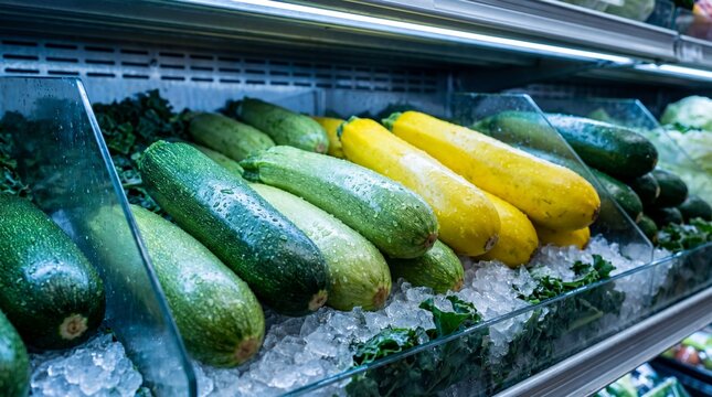 Fresh green and yellow zucchini and squash vegetables displayed on ice in a supermarket produce section
