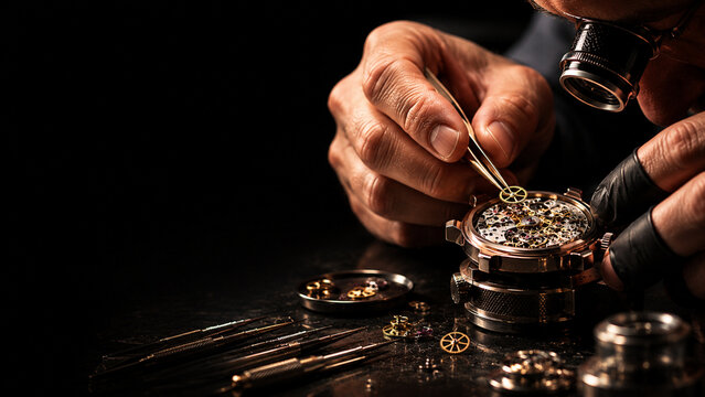 Watchmaker hands assembling a mechanical watch with tweezers