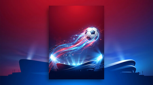 Energetic soccer ball soaring with light trails above a brightly lit sports arena, symbolizing the thrill and passion of a grand football event