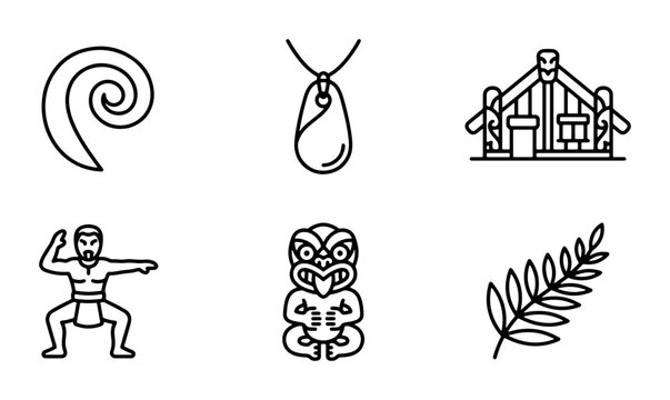Maori Culture Icons: Koru, Pendant, Marae, Warrior, Tiki, Fern - Vector Set