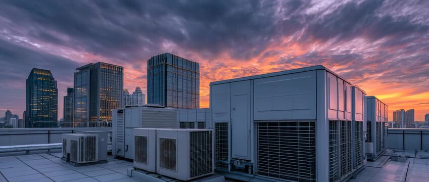 Industrial HVAC and air conditioning units installed on a commercial rooftop during a dramatic sunset skyline.
