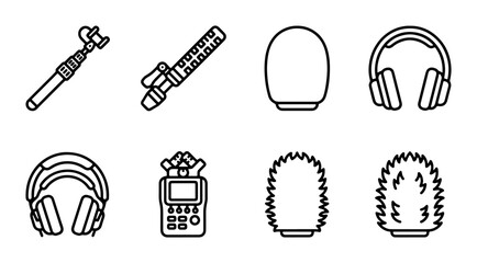 Audio Recording Equipment Icons: Microphones, Headphones, Boom Pole, Recorder, Windscreen Set © Abbas