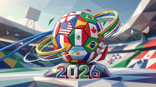 2026 world cup soccer ball with international flags in stadium