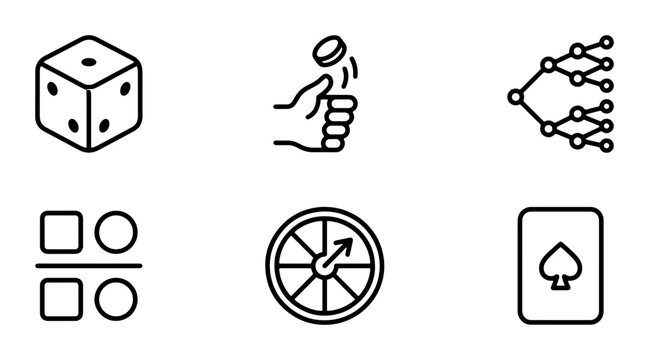 Probability Icons Set: Dice, Coin Flip, Decision Tree, Outcome Chart, Spinner, Card