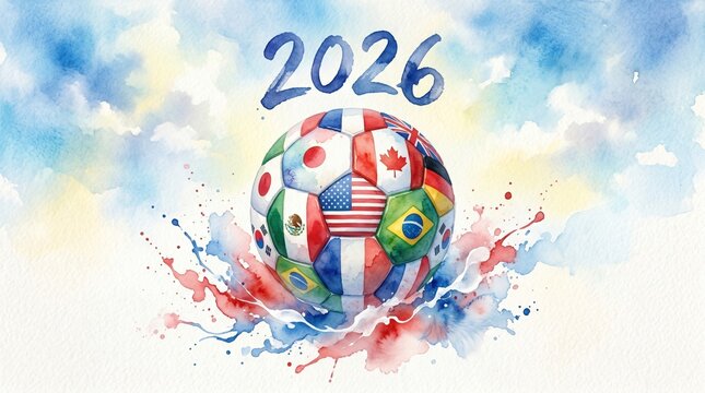 Watercolor soccer ball with world flags for 2026 world championship