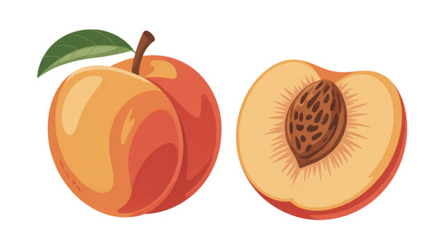 Whole and cut peach fruit with visible pit on plain background