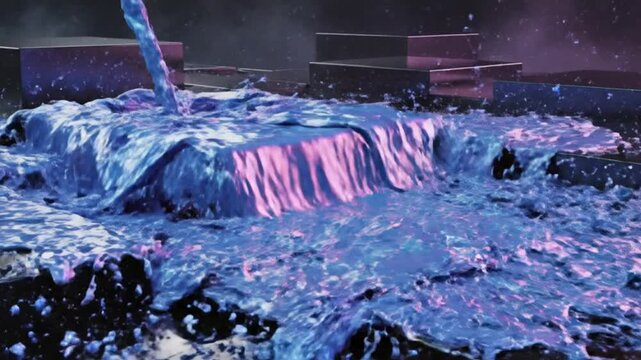 Viscous blue liquid flowing and splashing over a textured surface with dramatic pink and purple lighting effects