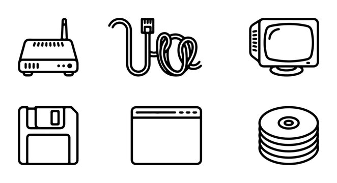 Retro Technology Icons: Router, Cable, CRT Monitor, Floppy Disk, Browser Window, CD Stack