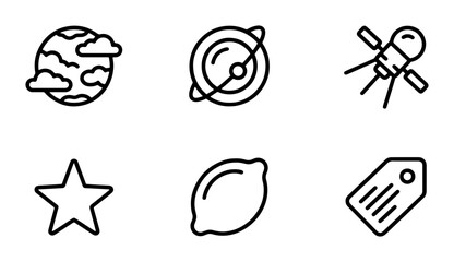 Space Icons Set, Earth Planet, Star, Satellite, Saturn, Lemon, Tag, Vector Graphics © Sobuj