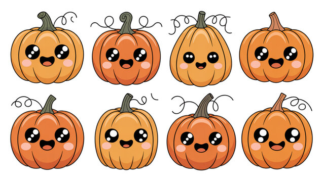Six happy cartoon pumpkins with smiling faces arranged in a row