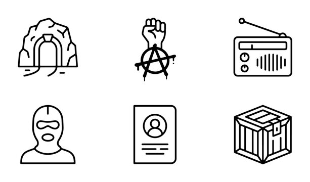 Anarchy Symbol, Cave Entrance, Radio, Masked Person, Passport, Cargo Crate Icons: Protest, Rebellion, Security