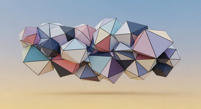 Abstract Geometric Cluster of Pastel Polyhedral Shapes