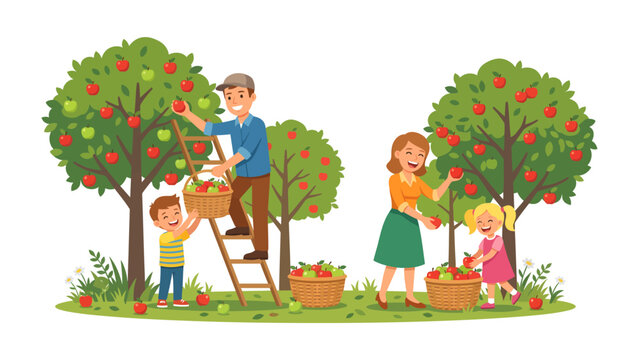 Apple Picking Family Fun: A cheerful family, including parents and children, enjoys a day of apple picking in an orchard, filling baskets with ripe red apples under the warm sun.