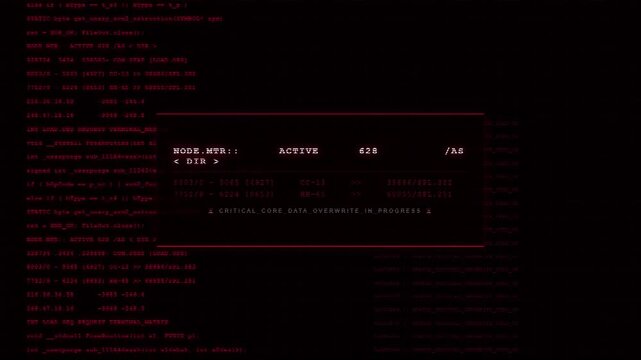 Critical Core Data Overwrite In Progress Terminal Screen Displaying Active Node Monitor Code Logs Hacker Malicious Intrusion Red HUD Cyber Security Background.