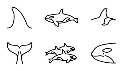 Orca Whale Icons, Killer Whale Vector Graphics, Marine Mammal Line Art Symbols, Ocean Wildlife Illustrations © Sobuj