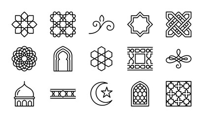 Islamic Geometric Patterns, Mosque Icons, Crescent Moon & Star, Arabic Architecture Elements, Vector Set © Sobuj