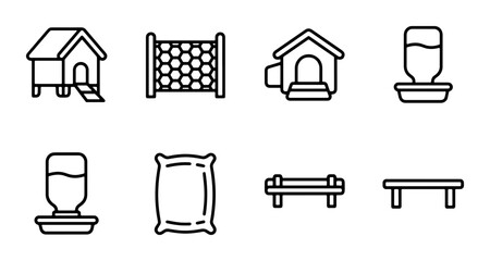 Chicken Coop Icons Set, Farm Animal Housing, Pet Care Equipment, Poultry Supplies, Vector Graphics © Sobuj