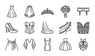 Wedding Dress Icons, Bridal Attire Vector Set, Elegant Bride Fashion Elements © Sobuj