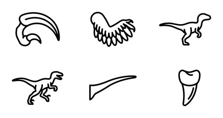 Obraz premium Dinosaur Icons: Raptor, Claw, Wing, Tooth, Fossil Elements, Prehistoric Vector Graphics