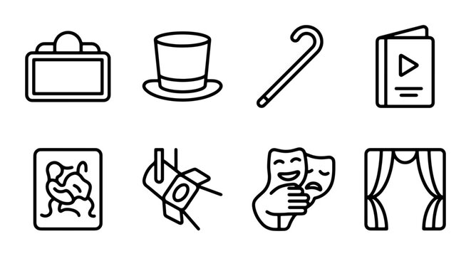 Theater Icons Set: Stage, Masks, Top Hat, Spotlight, Playbill, Cane, Frame