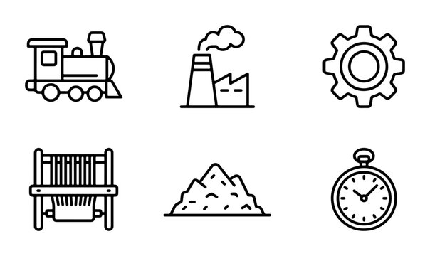 Industrial Icons: Train, Factory, Gear, Mine, Bench, Stopwatch Set