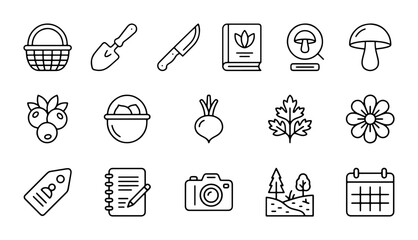 Fototapeta premium Nature Icons Set: Basket, Shovel, Knife, Book, Mushroom, Berries, Beet, Flower, Camera, Calendar, Tag