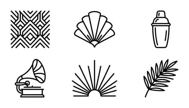 Art Deco Icons Set: Geometric Pattern, Fan, Cocktail Shaker, Gramophone, Sunburst, Palm Leaf